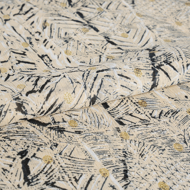 75D শিফন ক্রেপ অনিয়মিত অগোছালো গোল্ড স্পুন প্রিন্ট ফ্যাব্রিক